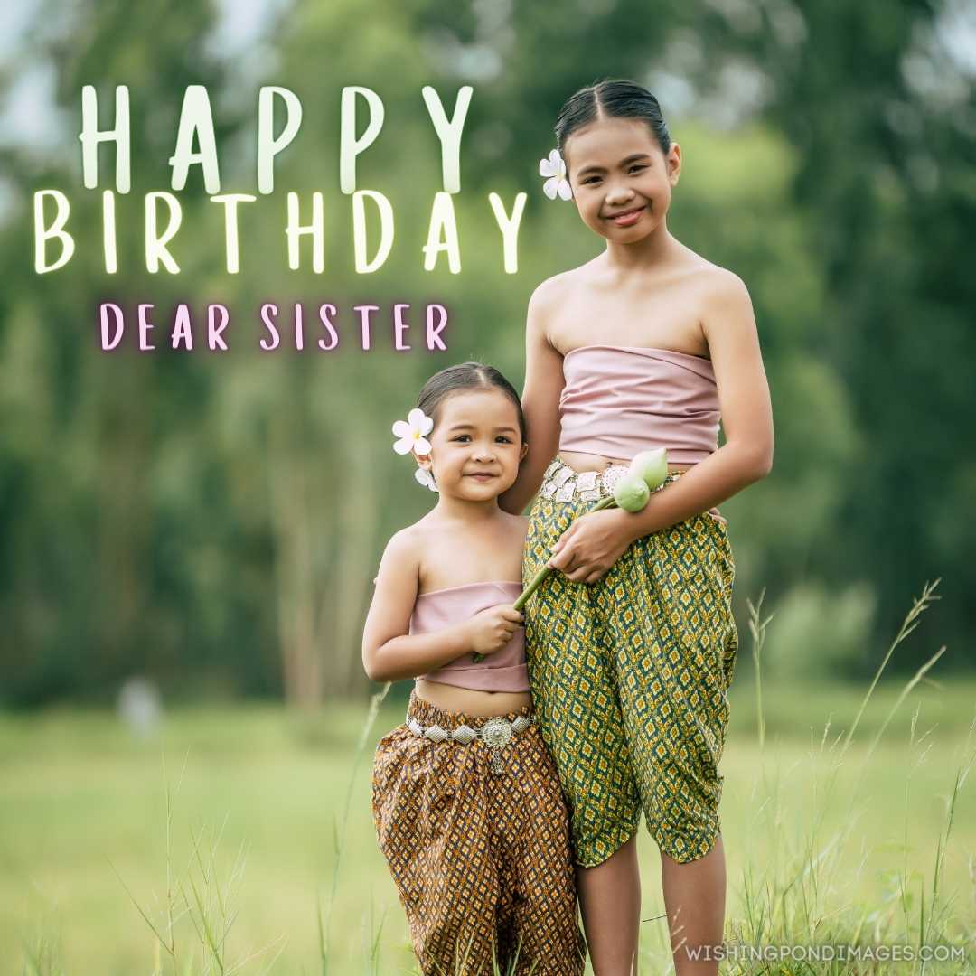 Lovely sister and young sister sitting in a meadow. Happy Birthday Sister Images